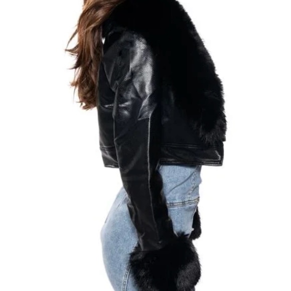 Faux Fur Crop Croc Moto Jacket in Black - Picture 4 of 7